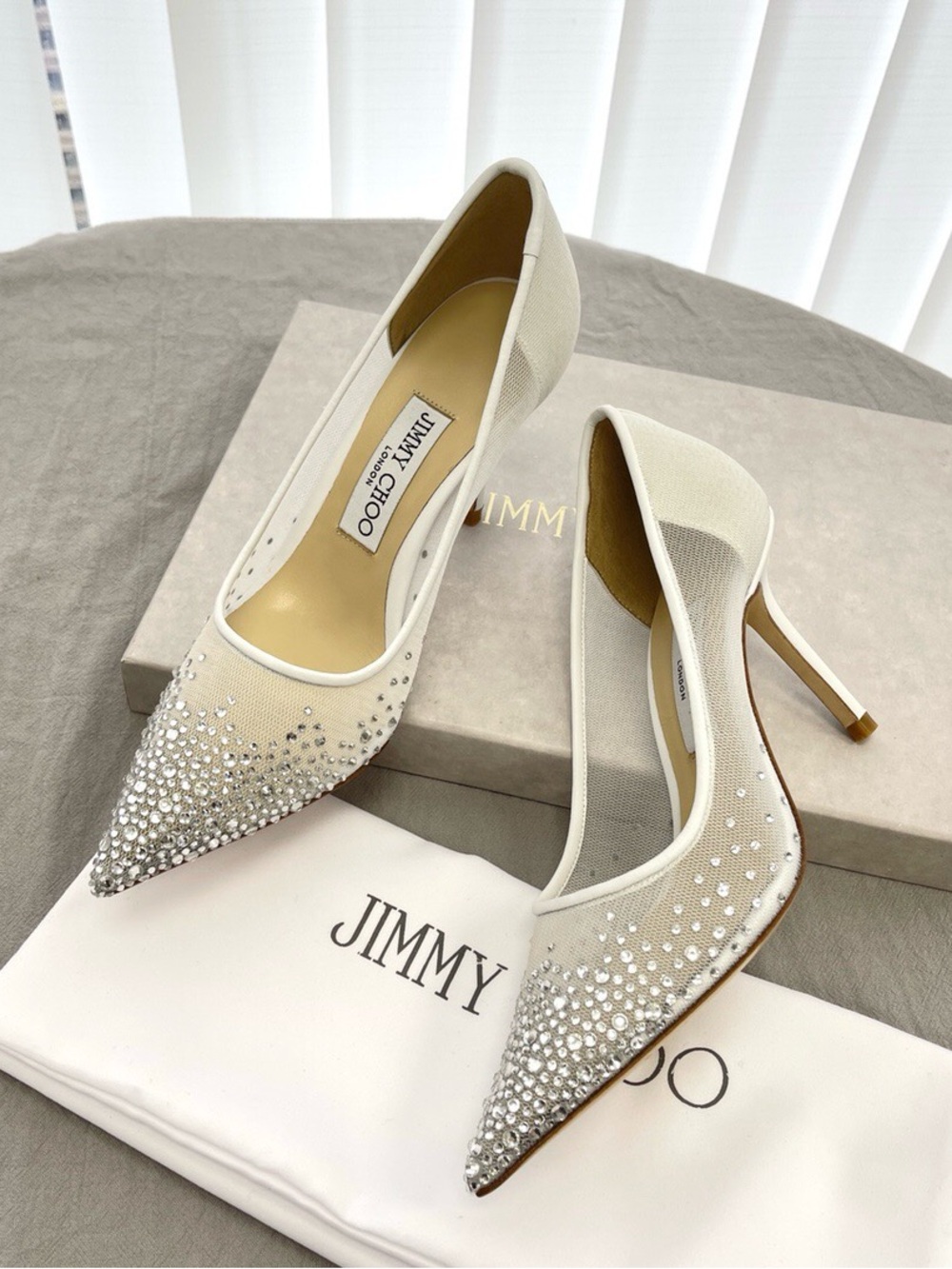 Jimmy Choo Ivory Crystal Mesh Pointed-Toe Heels